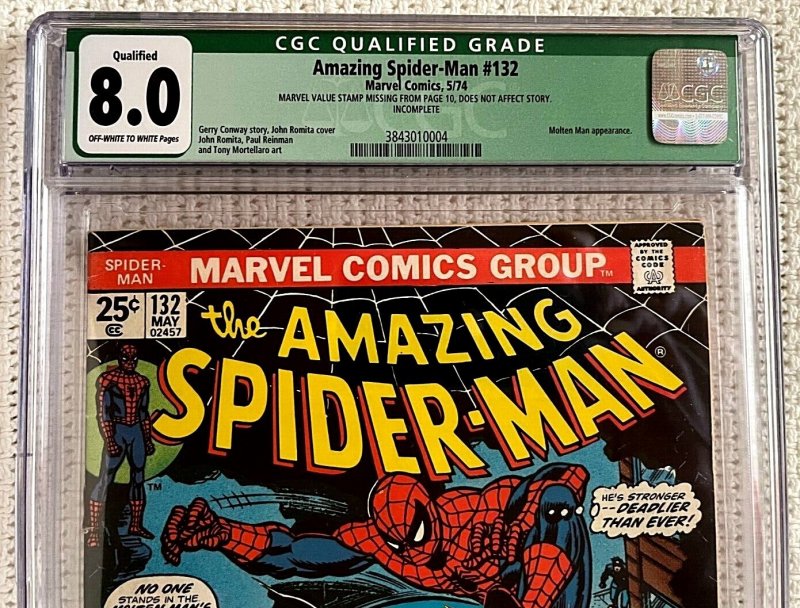 ?~MARVEL~AMAZING SPIDER-MAN #132~MOLTEN MAN~CGC QUALIFIED 8.0~READ INFO~?