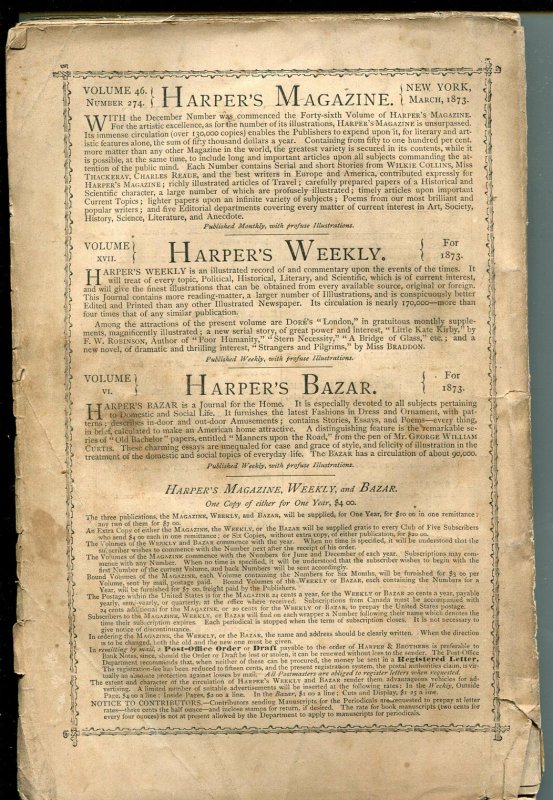 Harper's New Monthly Magazine 3/1873-pulp format-terrific interior art-G-