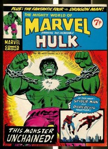 MIGHTY WORLD OF MARVEL #95 1974-HULK-SPIDER-MAN-IRON MAN-KIRBY-UK COMIC FN