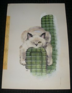 GET WELL SOON Sly White Cat Lounging on Couch 8x11.5 Greeting Card Art #157