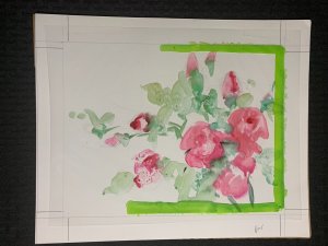 PINK ROSES Pencils and Color Rough on Velum 14x10.5 Greeting Card Art #nn