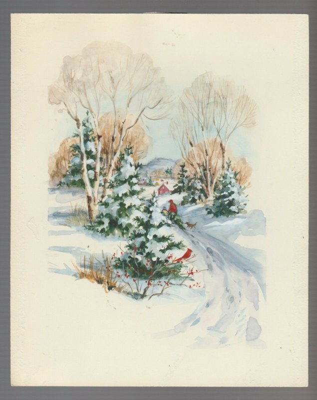 CHRISTMAS Winter Snowy Road Scene w/ Man & Dog 4.25x9 Greeting Card Art #5701