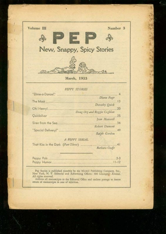 PEP-MARCH 1933-SPICY PULP STORIES-BARGAIN READING COPY  P/FR
