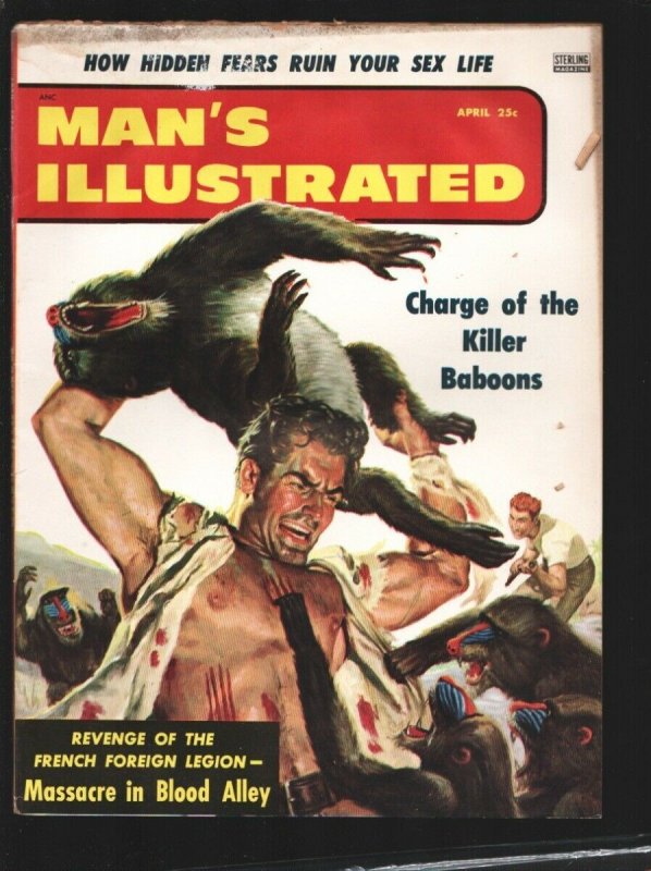 Man's Illustrated 4/1956-Bloody Killer Baboon cover-Smoke eaters-Death Alley-...