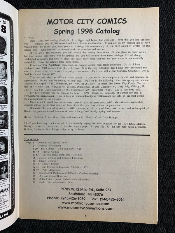 1998 MOTOR CITY COMICS Spring 80pg Catalog FN 6.0 R Crumb Cover