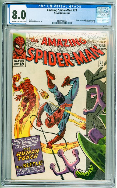 The Amazing Spider-Man #21 (1965) CGC 8.0! OWW Pages! crack bottom right of slab