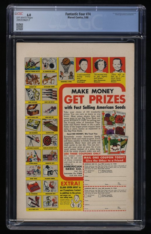 Fantastic Four #74 CGC FN 6.0 Off White Galactus and Silver Surfer Appearance!