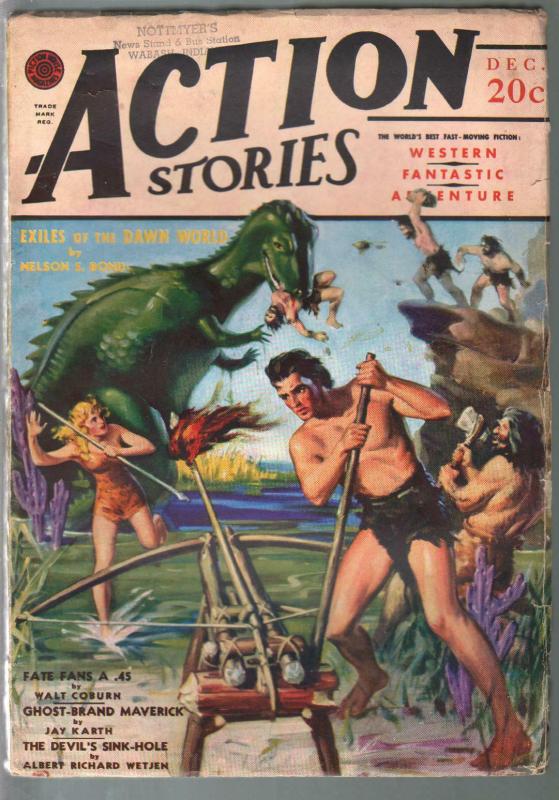 Action Stories 12/1940-cavemen vs dinosaur-Nelson S Bond-fantasy-FN-