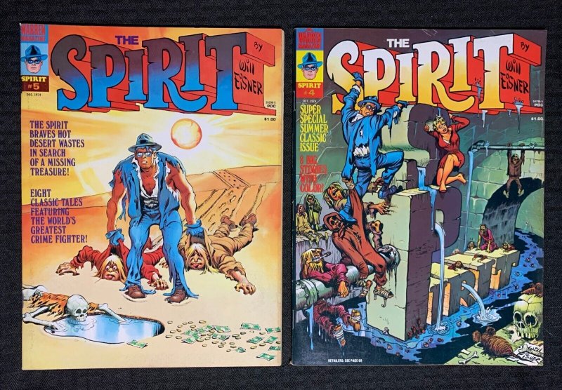 1974 THE SPIRIT Magazine #4 FVF and #5 FN+ by Will Eisner / Warren LOT of 2