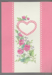 VALENTINE Pink Flowers with Pink Heart & Border 7x9.5 Greeting Card Art #V3830