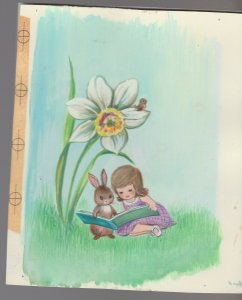 JUST FOR YOU Cute Girl & Bunny Reading w/ Flower 6x7 Greeting Card Art #E2454