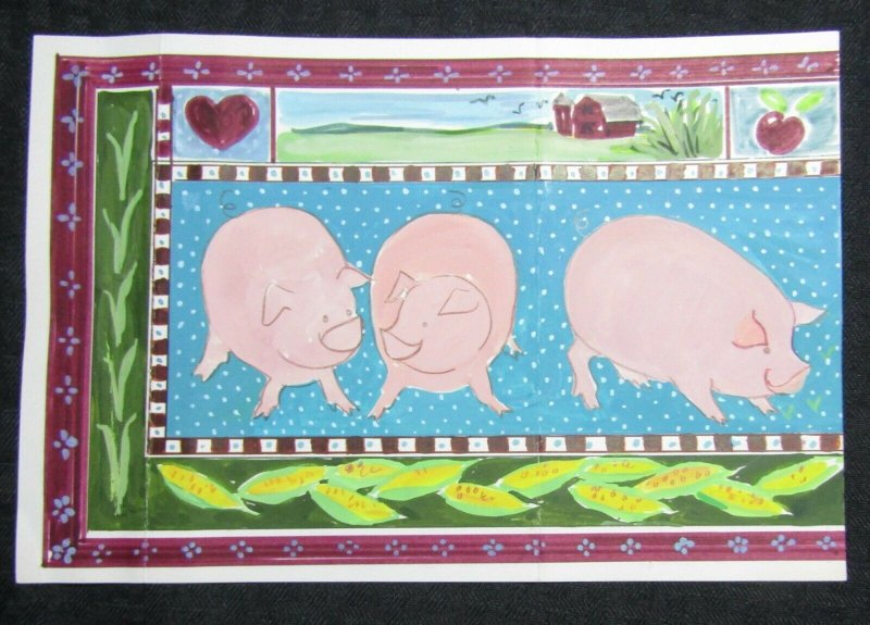 EASTER Painted Pigs Barn Apple Heart & Corn 9.5x6.5 Greeting Card Art #260