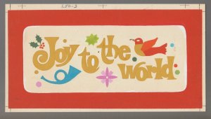 JOY TO THE WORLD Lettering w/ Trumpet & Dove 10x5.5 Greeting Card Art #1503