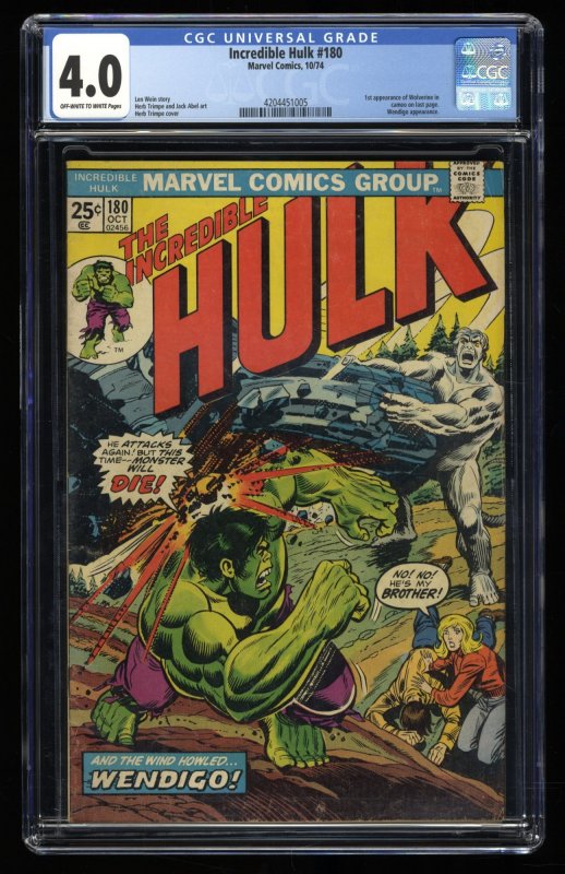 Incredible Hulk #180 CGC VG 4.0 1st Cameo Appearance Wolverine!