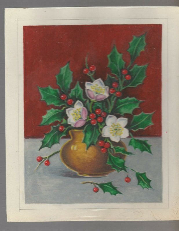 MERRY CHRISTMAS White Poinsettia Flowers in Vase 7x8.5 Greeting Card Art #54