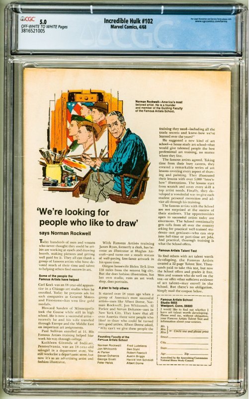 The Incredible Hulk #102 (1968) CGC 5.0! OWW Pages!