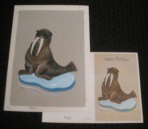 HAPPY BIRTHDAY Cute Painted Walrus Floating on Ice 7.5x10 Greeting Card Art #550