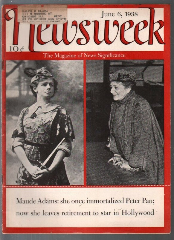 Newsweek 6/6/1938-Maude Adams-Peter Pan cover-Ogden Nash-Tax bill info-VG