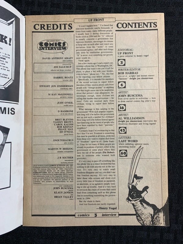 1988 COMICS INTERVIEW #62 FN 6.0 John Buscema / Wolverine