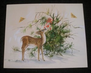 CHRISTMAS Deer in Woods w/ Mistletoe 6.5x5.5 Greeting Card Art #F11