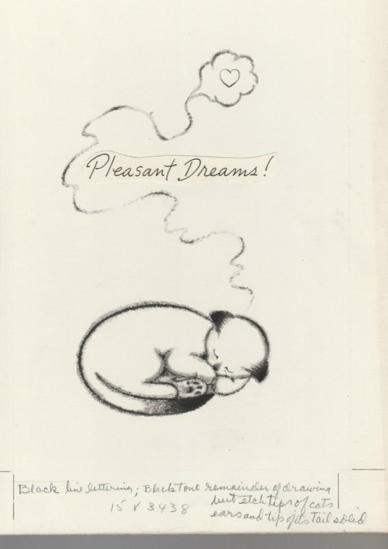 Vintage VALENTINE Cat Pleasant Dreams 8x11 #3438 Greeting Card Original Art