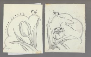 HAPPY EASTER Bird with Blooming Tulup 2pcs 4x5 Greeting Card Art #E2225