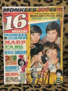 16 MAGAZINE VOL 8, NO 12 May 1967 - The Monkees! 9 Color Pin-Ups - GOOD