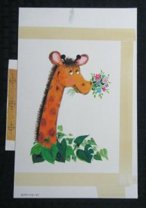 HAPPY BIRTHDAY Orange Giraffe with Flowers 7x11 Greeting Card Art #B8530