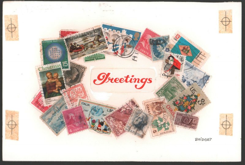 Greetings with Stamps Border Christmas Greeting Card Painted Art by Bridget