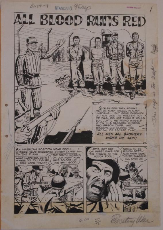 JOHN CELARDO original art, EXCITING WAR #5, pgs 1 2 3 4 5 6 7, 14x20, 1952,7 pgs