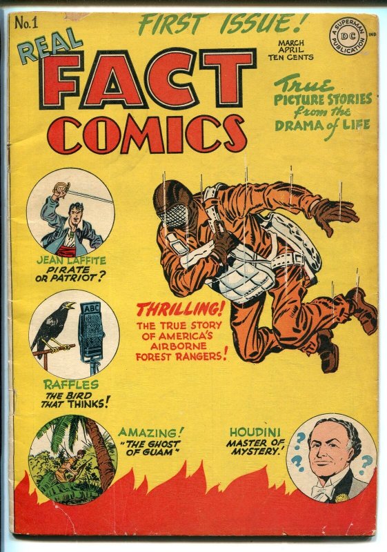 REAL FACT #1 1946-DC-1ST ISSUE-SIMON & KIRBY-HOUDINI-PARACHUTE COVER-vg