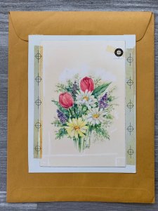 AT EASTER Pink Yellow & White Flowers 6.5x8 Greeting Card Art E2988 w/ 2 Cards