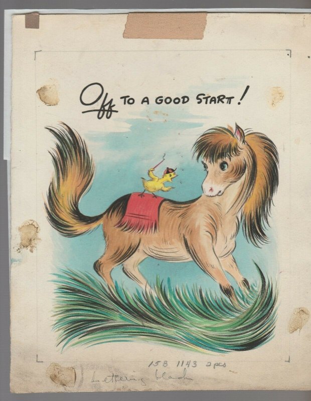 OFF TO A GOOD START Cute Horse w/ Duckling 14x10 Greeting Card Art #B1143