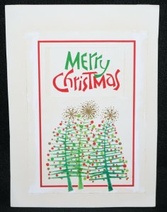 Original Christmas Greeting Card Art - Three Trees Merry Christmas Red Green