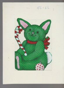 CHRISTMAS Painted Green Fabric Rabbit w/ Candy Cane 6x8 Greeting Card Art #nn