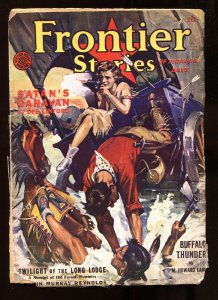 Frontier Stories--Winter 1941--Indian attack cover --SATAN'S CARAVAN--pulp ma...