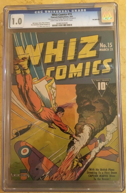 WHIZ COMICS #15 CGC 1.0 -- ORIGIN OF SIVANA! WWII WAR COVER! C.C. BECK! SHAZAM!