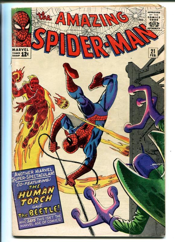 AMAZING SPIDER-MAN #21 1965-MARVEL-STEVE DITKO-HUMAN TORCH-BEETLE-vg+