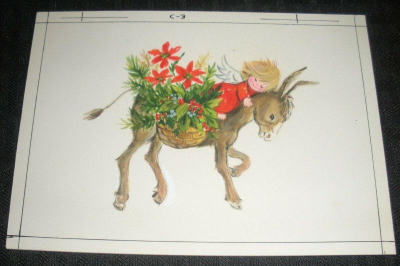 CHRISTMAS Cute Angel Girl on Donkey w/ Flowers 6x4.5 Greeting Card Art #C3