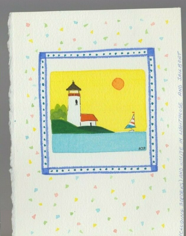 LIGHTHOUSE & SAILBOAT Sunny Sky on Lake 5.5x7.5 #8552 Greeting Card Art