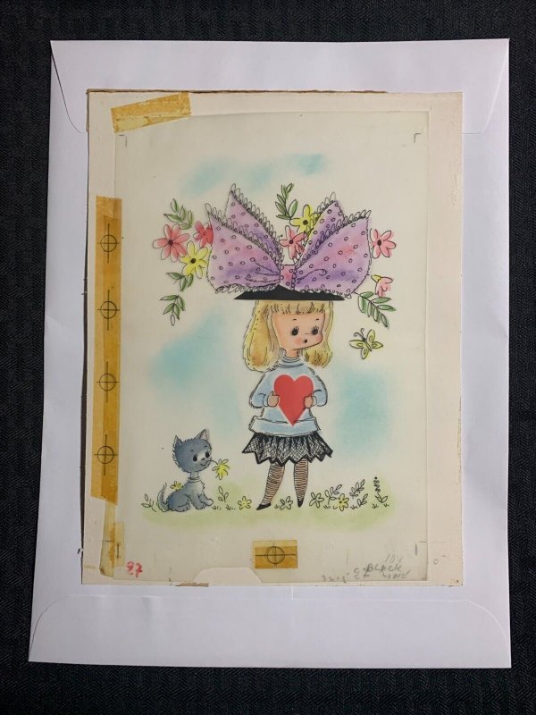 VALENTINES DAY Cute Girl w Purple Hat & Kitten 7x9.5 Greeting Card Art V3215