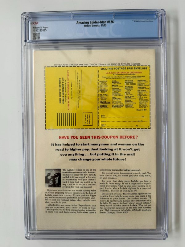 Amazing Spider-Man #126 - CGC 9.0 - Human Torch & Kangaroo Appearance! (1973)