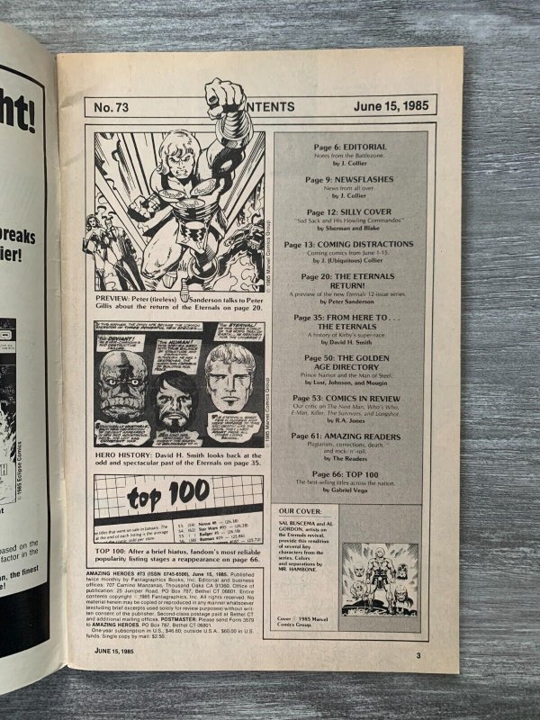 1985 AMAZING HEROES Comic Magazine #73 FN 6.0 Past & Future Eternals
