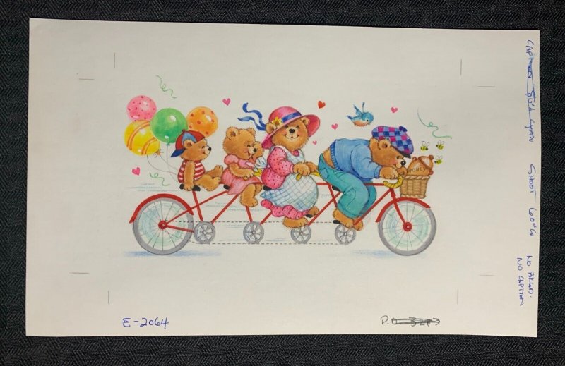 PLANNER Bear Family Riding Bicycle w/ Balloons 9.5x6 Greeting Card Art #2064