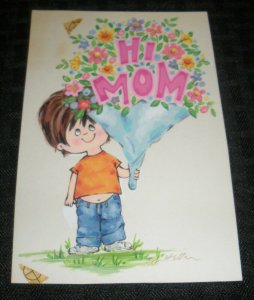 MOTHER'S DAY Cute Boy w/ Flowers Hi Mom 4x6 Greeting Card Art #7536