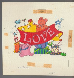 MERRY CHRISTMAS LOVE Cute Teddy Bears w/ Drum 7.5x7.5 Greeting Card Art #6306