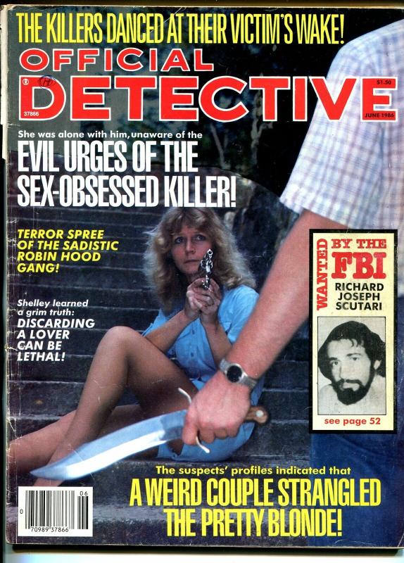 Official Detective 6/1986-spicy gun moll-sex-obsessed killer-strangulation-VG