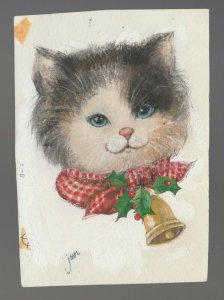 CHRISTMAS Cute Kitten w/ Checkered Bow & Bell 4.5x6.5 Greeting Card Art #B13