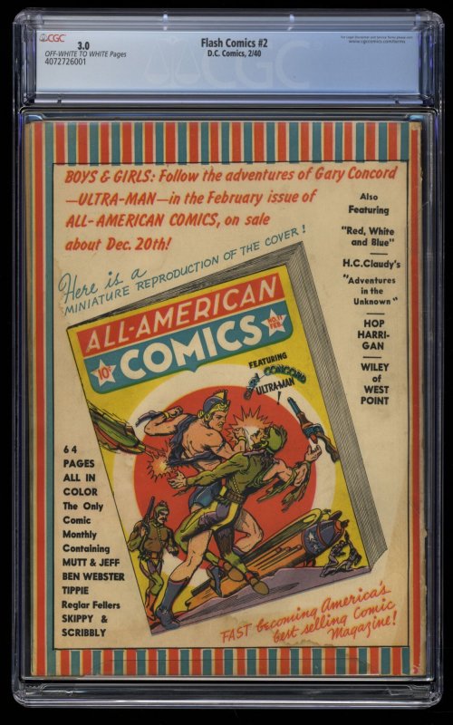 Flash Comics #2 CGC GD/VG 3.0 2nd Appearance of Flash and 1st Hawkman Cover!