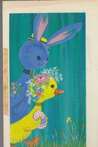 EASTER Purple Bunny & Yellow Duck w Egg Flowers 8x13 Greeting Card Art #E2435